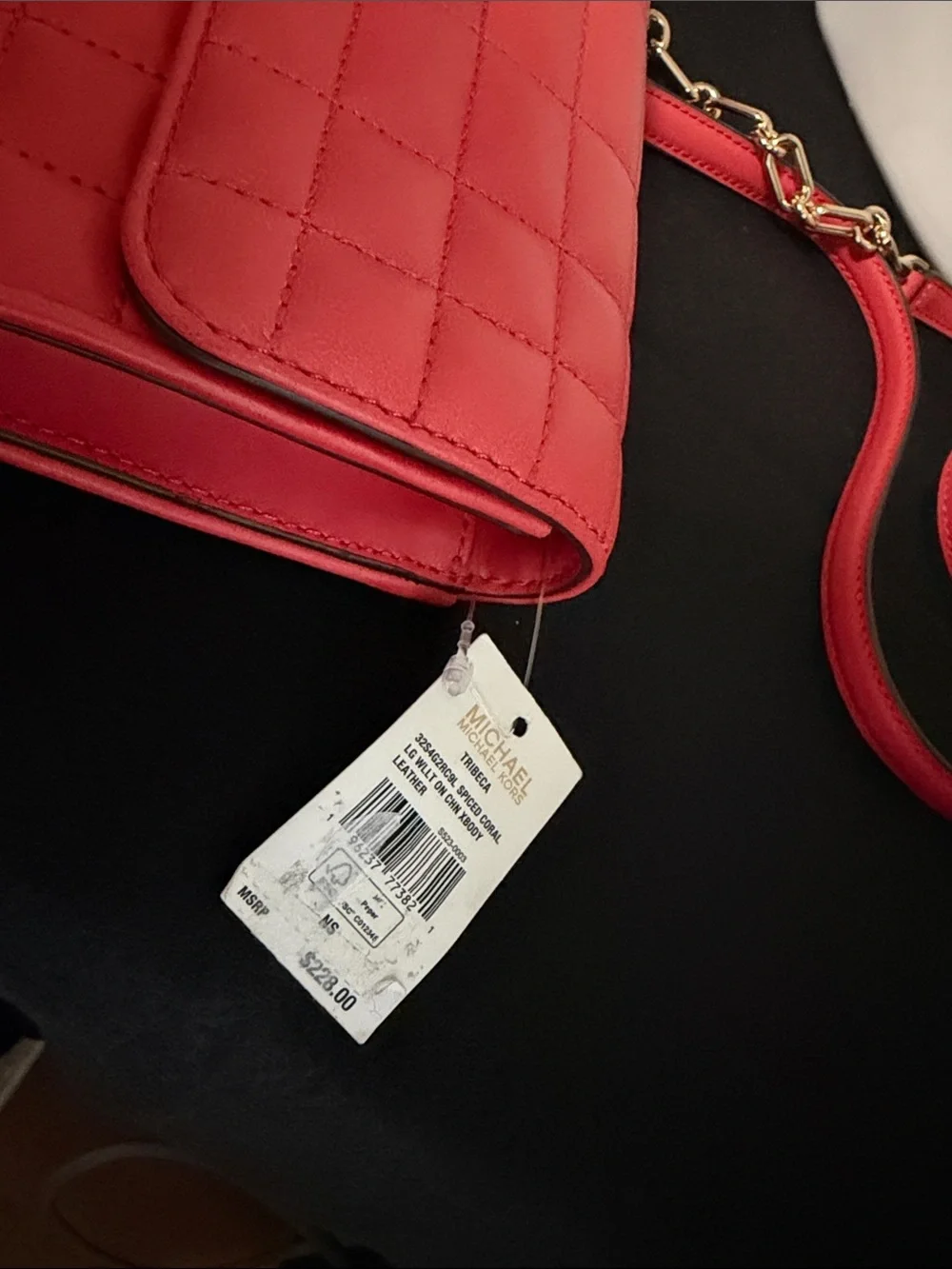 Michael Kors Coral-Red Quilted Crossbody with Gold Chain